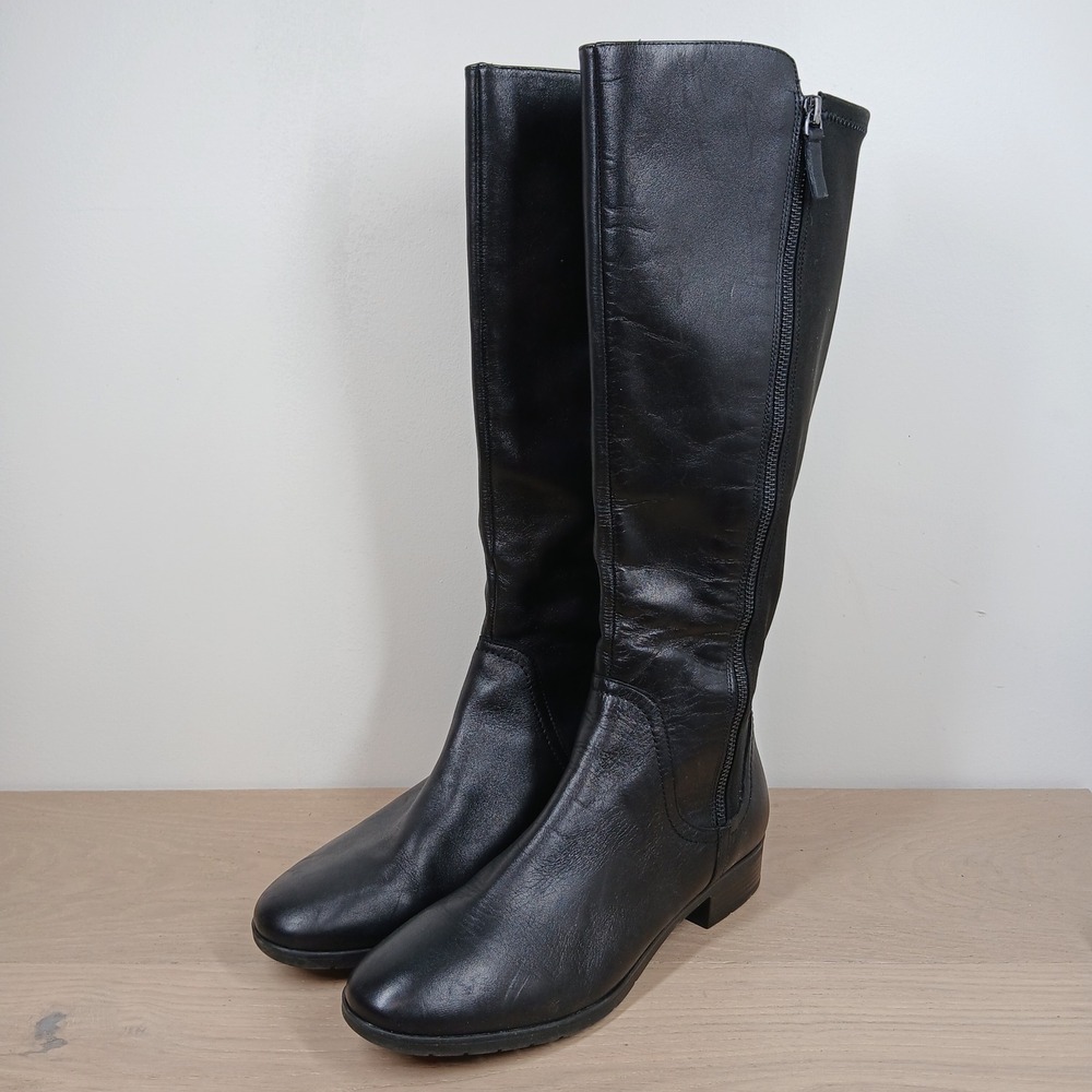Easy Spirit Nadene Boots Women 9W Black Leather Knee High Stretch Panel Riding